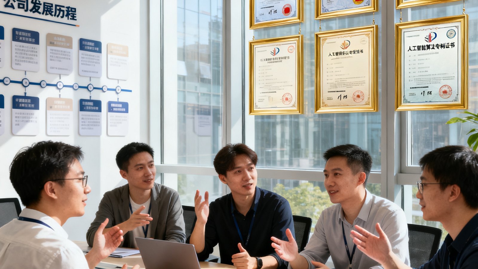 BG视讯研发团队在开放式办公室协作讨论，背景墙上展示着公司发展历程和多项技术专利证书，团队氛围积极向上