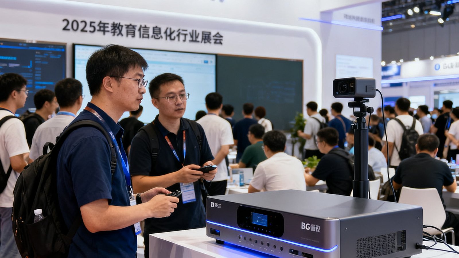 2025年教育信息化行业展会现场，BG视讯展台前参观者体验第四代智能录播主机R800