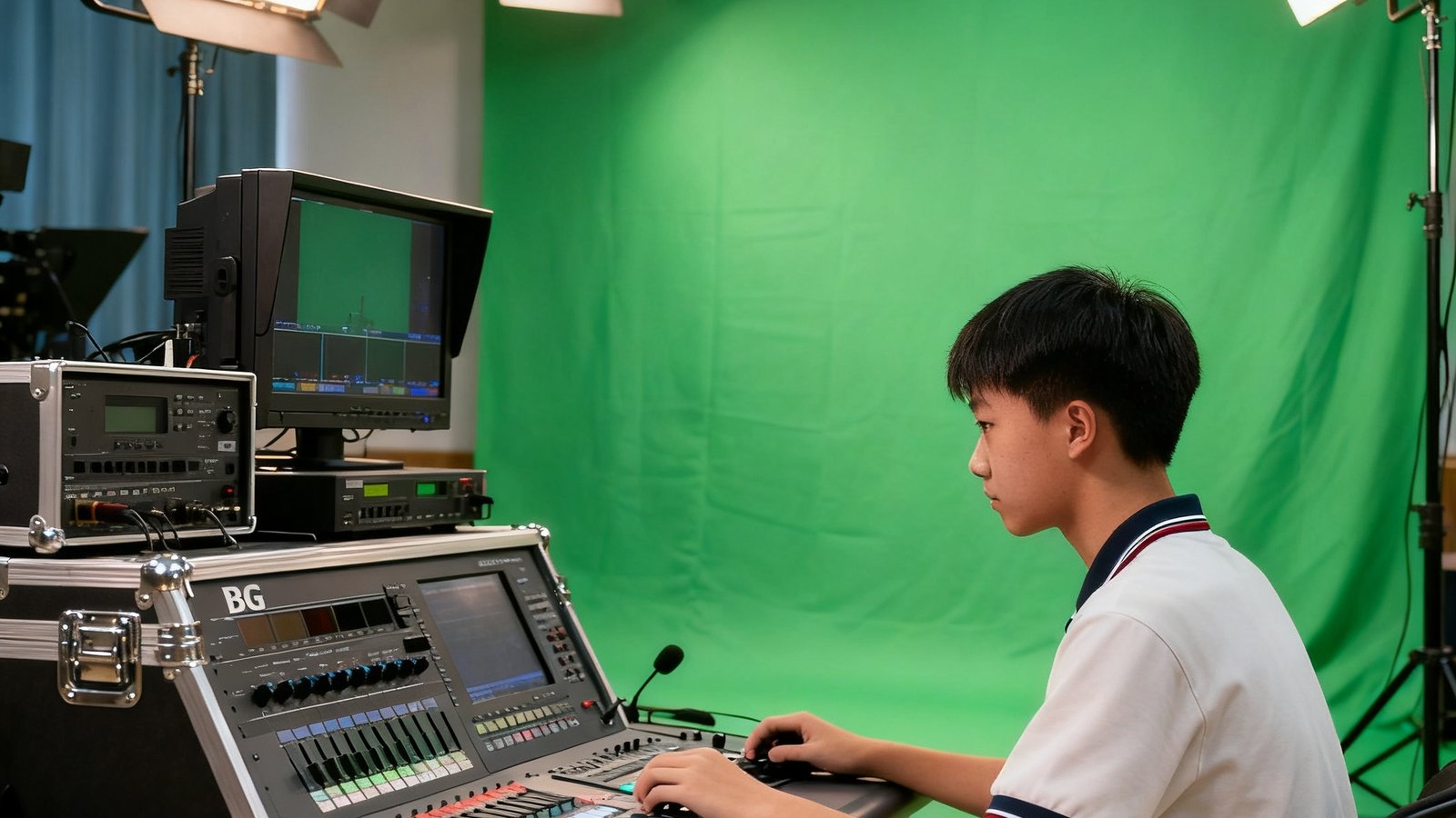 中学校园电视台配置BG视讯专业级演播设备，绿幕背景和灯光系统一应俱全，学生正在操作导播台