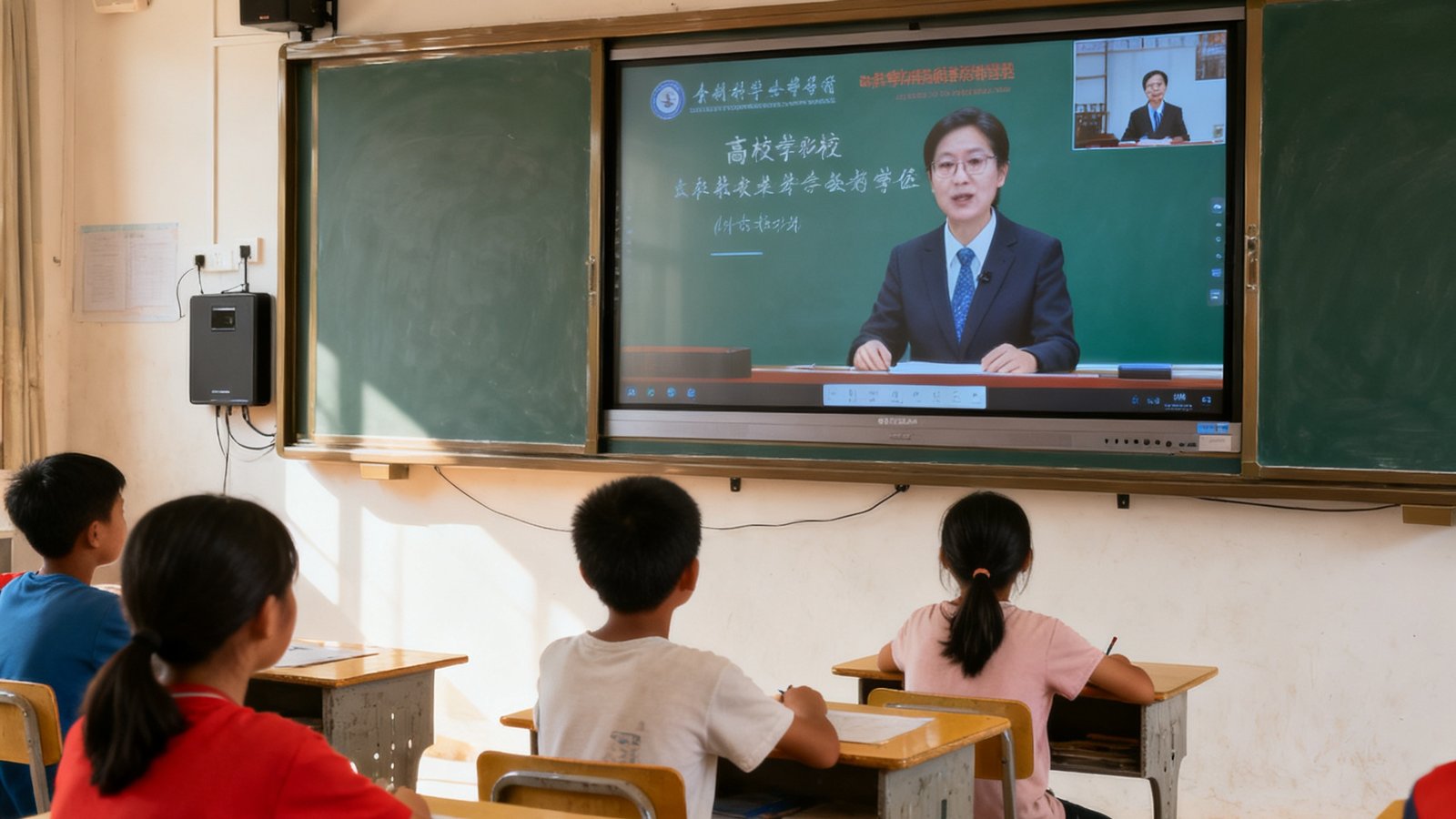 专递课堂设备在乡村教室部署完成，墙面大屏同步显示名校教师授课画面，本地学生专注听讲