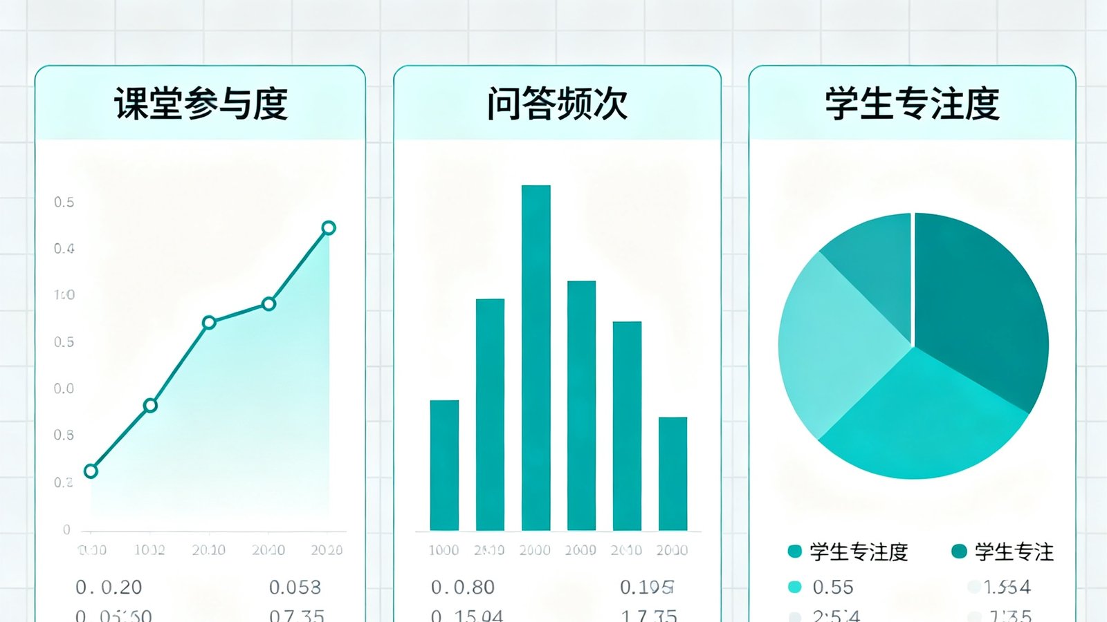 师生互动数据统计分析平台仪表盘，可视化图表展示课堂参与度、问答频次和学生专注度等教学核心指标